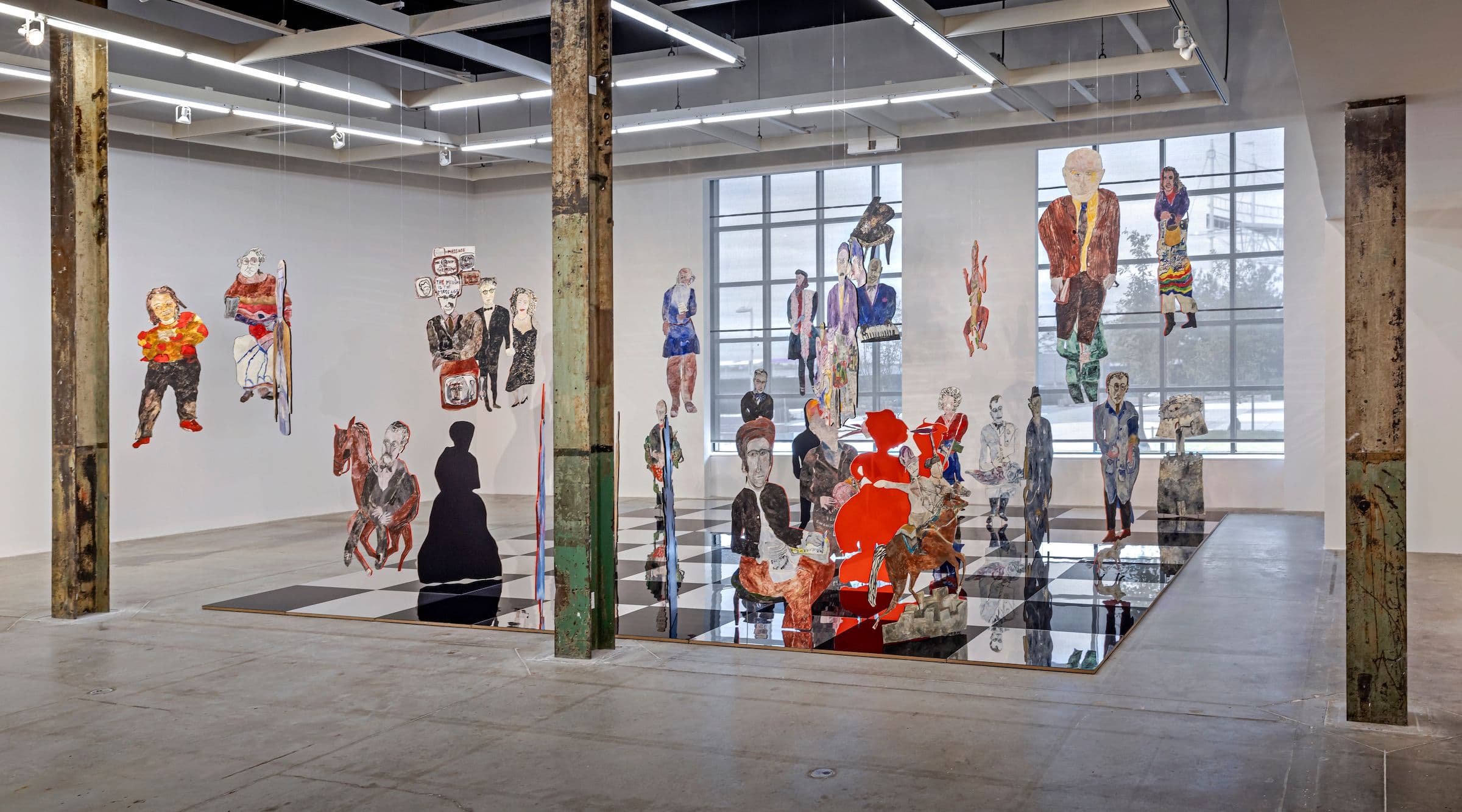 Anna Boghiguian, The Chess Game, 2022-23. Encaustic on Khadi paper, wood, acrylic panels, and mirror-coated Plexiglass. Ten chess pieces produced especially for the exhibition at The Power Plant, Toronto. Courtesy the artist. Photo: Toni Hafkenscheid.