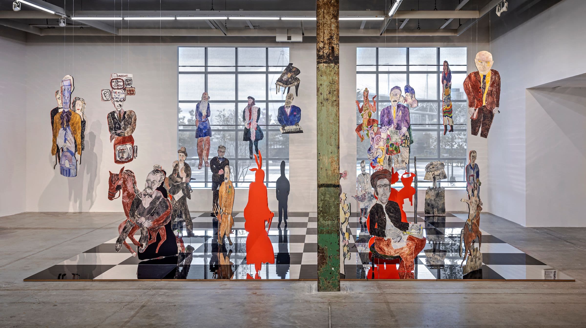 Anna Boghiguian, The Chess Game, 2022-23. Encaustic on Khadi paper, wood, acrylic panels, and mirror-coated Plexiglass. Ten chess pieces produced especially for the exhibition at The Power Plant, Toronto. Courtesy the artist. Photo: Toni Hafkenscheid.