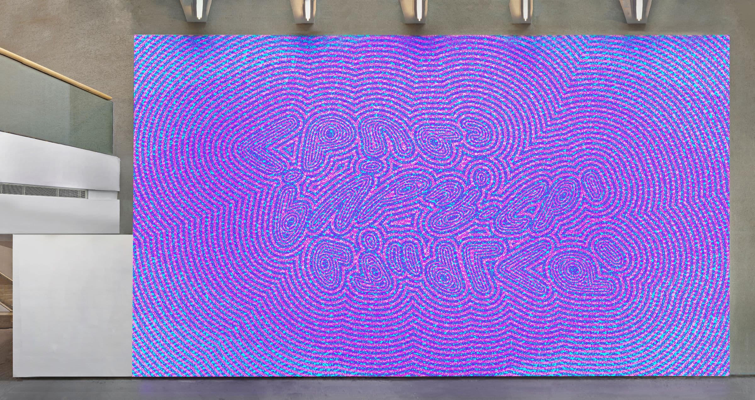 Joi T. Arcand, Decoded, 2023. Printed vinyl and laser-cut acrylic. Commissioned by The Power Plant Contemporary Art Gallery, 2023. Courtesy the artist. Installation view: in parallel, The Power Plant, 2023.