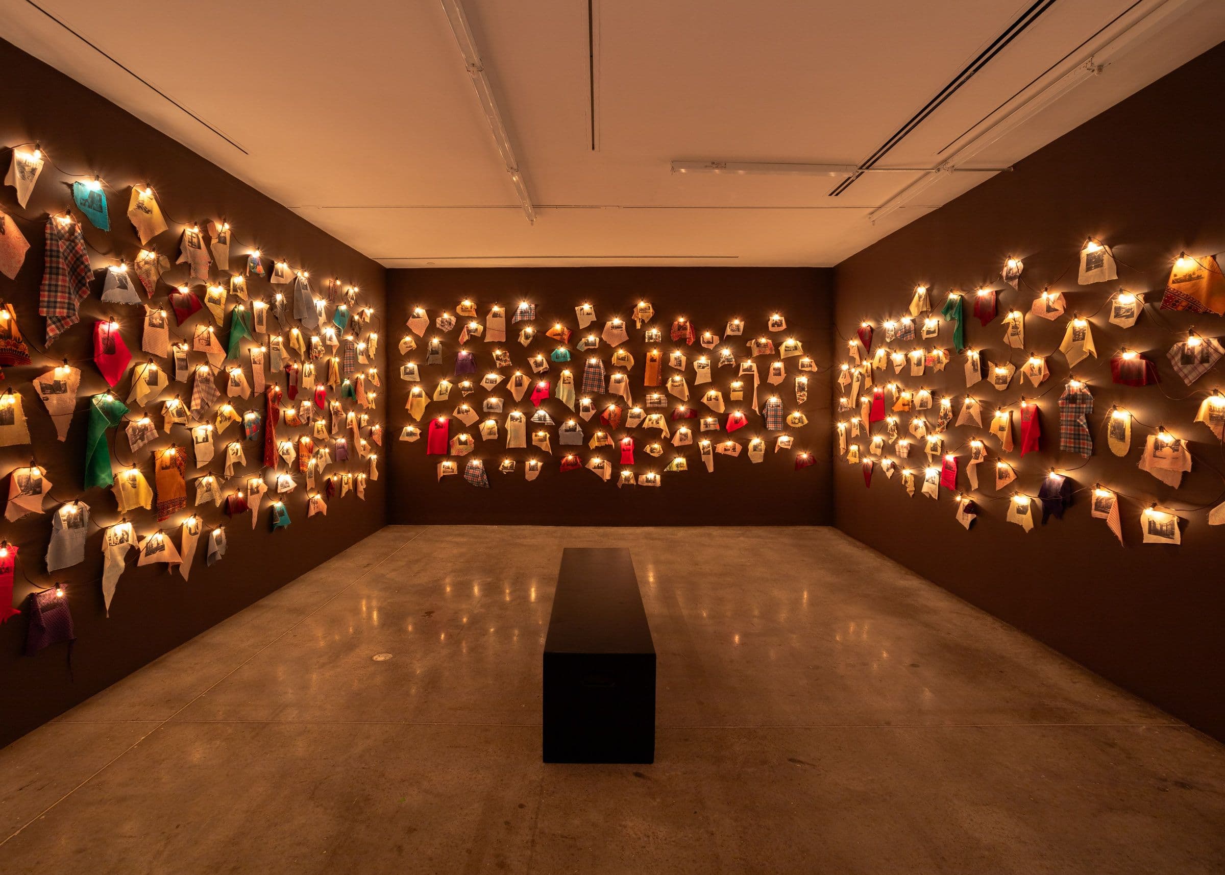 June Clark, Harlem Quilt, 1997. Photo transfers on fabric, light fixtures. Courtesy the artist and Daniel Faria Gallery. Installation view: Witness, The Power Plant Contemporary Art Gallery, Toronto, 2024. Photo: LF Documentation.