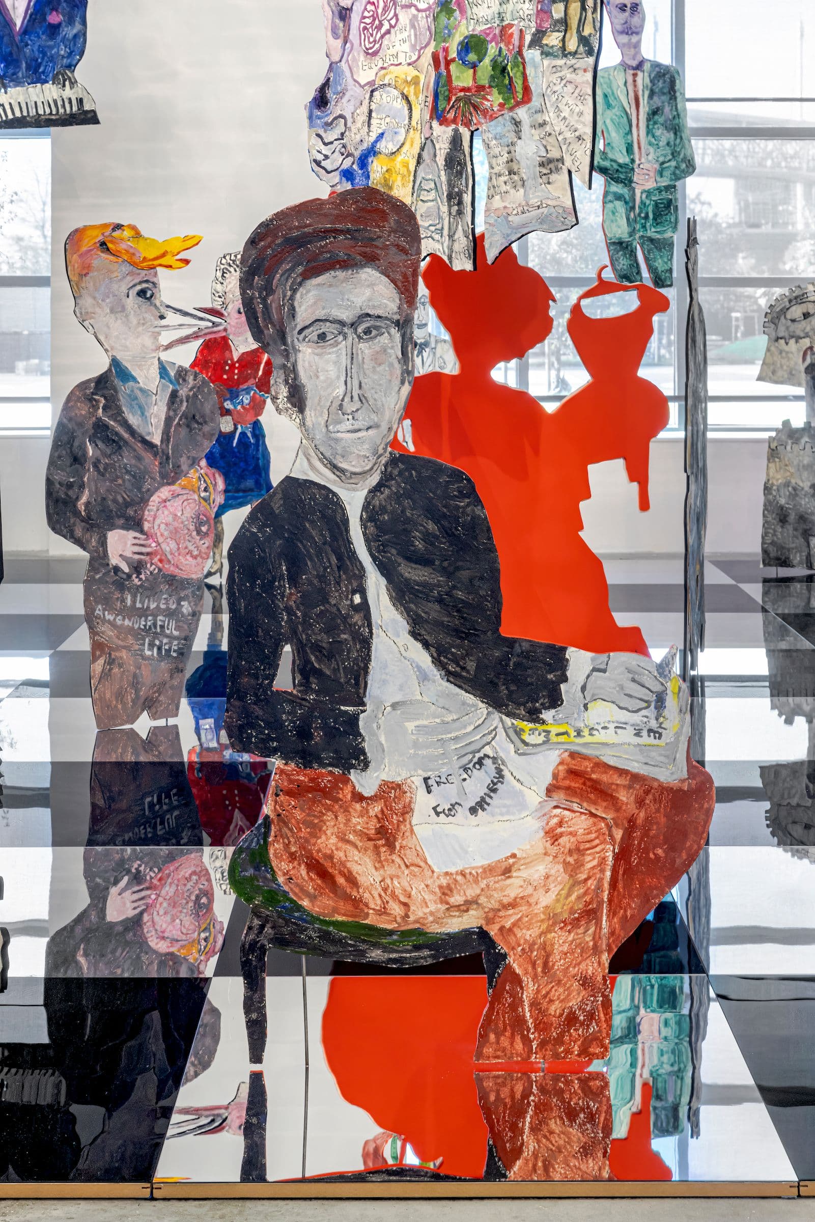 Anna Boghiguian, The Chess Game, 2022-23. Encaustic on Khadi paper, wood, acrylic panels, and mirror-coated Plexiglass. Ten chess pieces produced especially for the exhibition at The Power Plant, Toronto. Courtesy the artist. Photo: Toni Hafkenscheid.