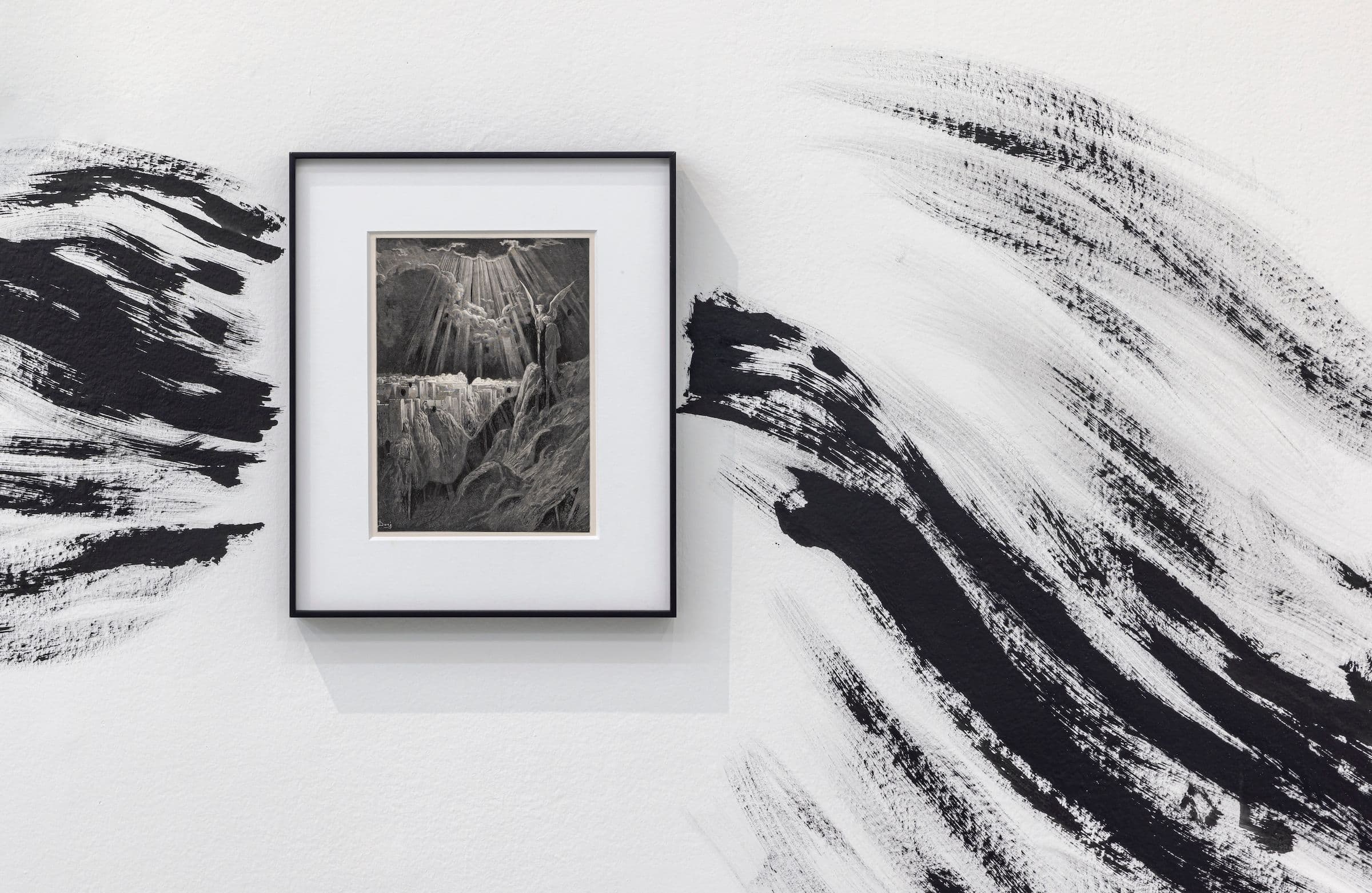 Abdelkader Benchamma, Le rayon Bleu II, 2022. Ink on printed engraving by Gustave Doré from The Bible Gallery (1880). Courtesy the artist and TEMPLON, Paris – Brussels – New York. Photo: Toni Hafkenscheid.