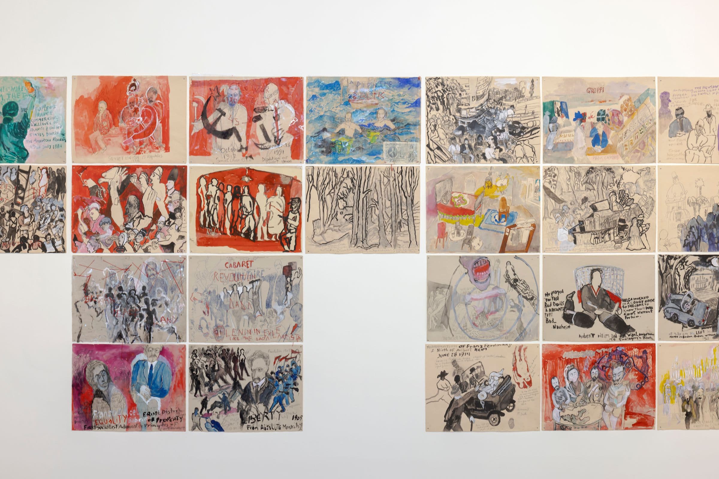 Anna Boghiguian, detail of Time of Change, 2022. Series of 96 drawings. Mixed media on paper. Courtesy the artist. Installation view: detail of Time of Change, The Power Plant Contemporary Art Gallery, Toronto, 2023. Photo: Toni Hafkenscheid.