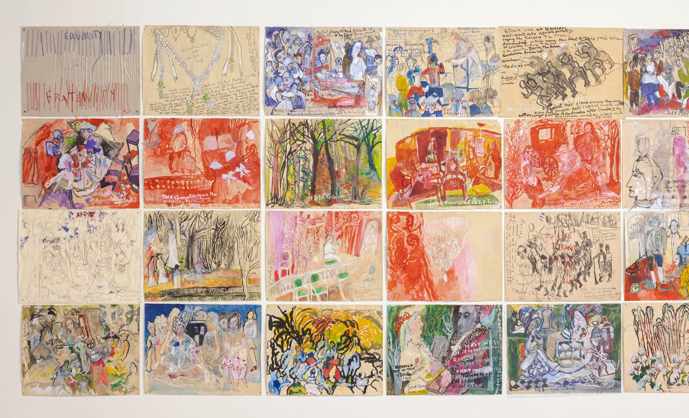 Anna Boghiguian, detail of Time of Change, 2022. Series of 96 drawings. Mixed media on paper. Courtesy the artist. Installation view: detail of Time of Change, The Power Plant Contemporary Art Gallery, Toronto, 2023. Photo: Toni Hafkenscheid.