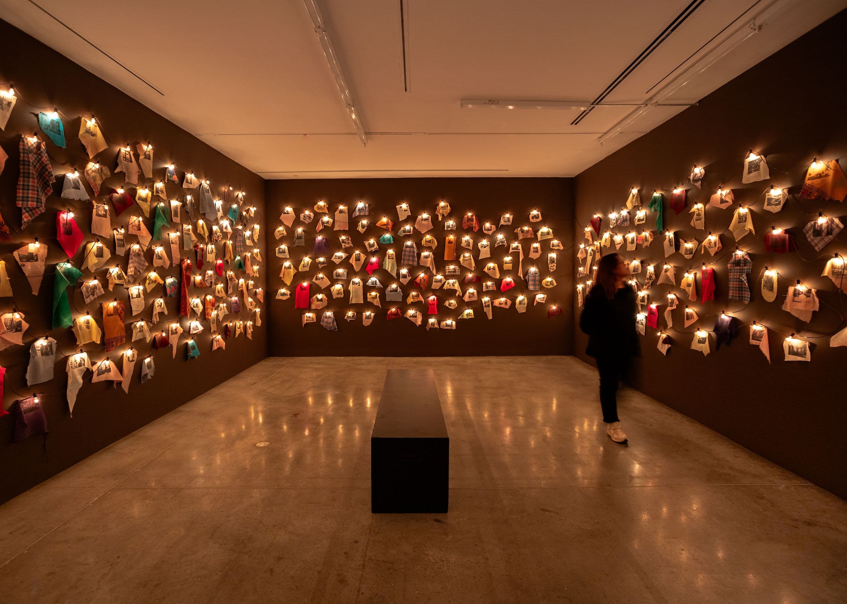 June Clark, Harlem Quilt, 1997. Photo transfers on fabric, light fixtures. Courtesy the artist and Daniel Faria Gallery. Installation view: Witness, The Power Plant, Toronto, 2024. Photo: LF Documentation.
