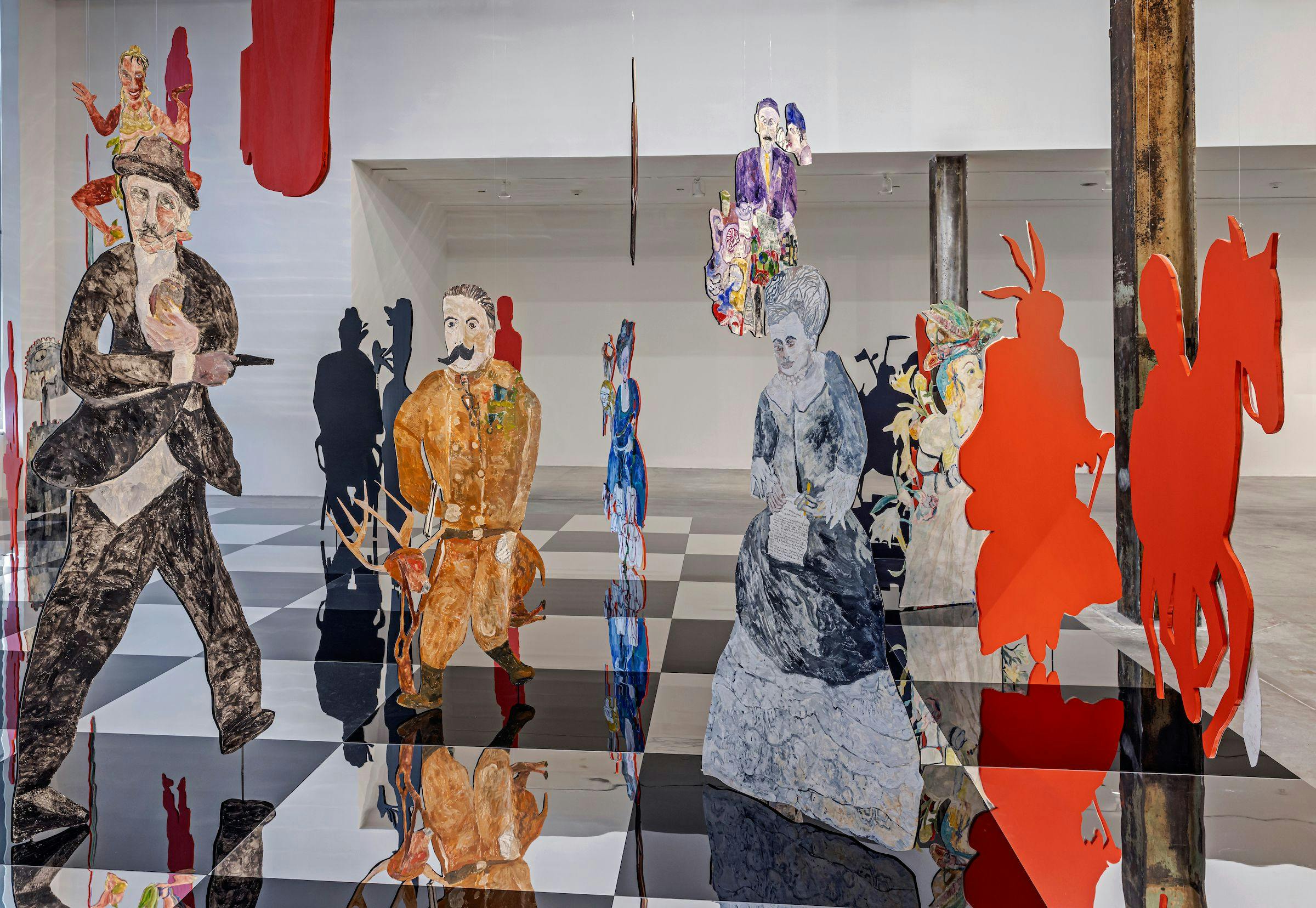 Anna Boghiguian, The Chess Game, 2022-23. Encaustic on Khadi paper, wood, acrylic panels, and mirror-coated Plexiglass. Ten chess pieces produced especially for the exhibition at The Power Plant, Toronto. Courtesy the artist. Photo: Toni Hafkenscheid.