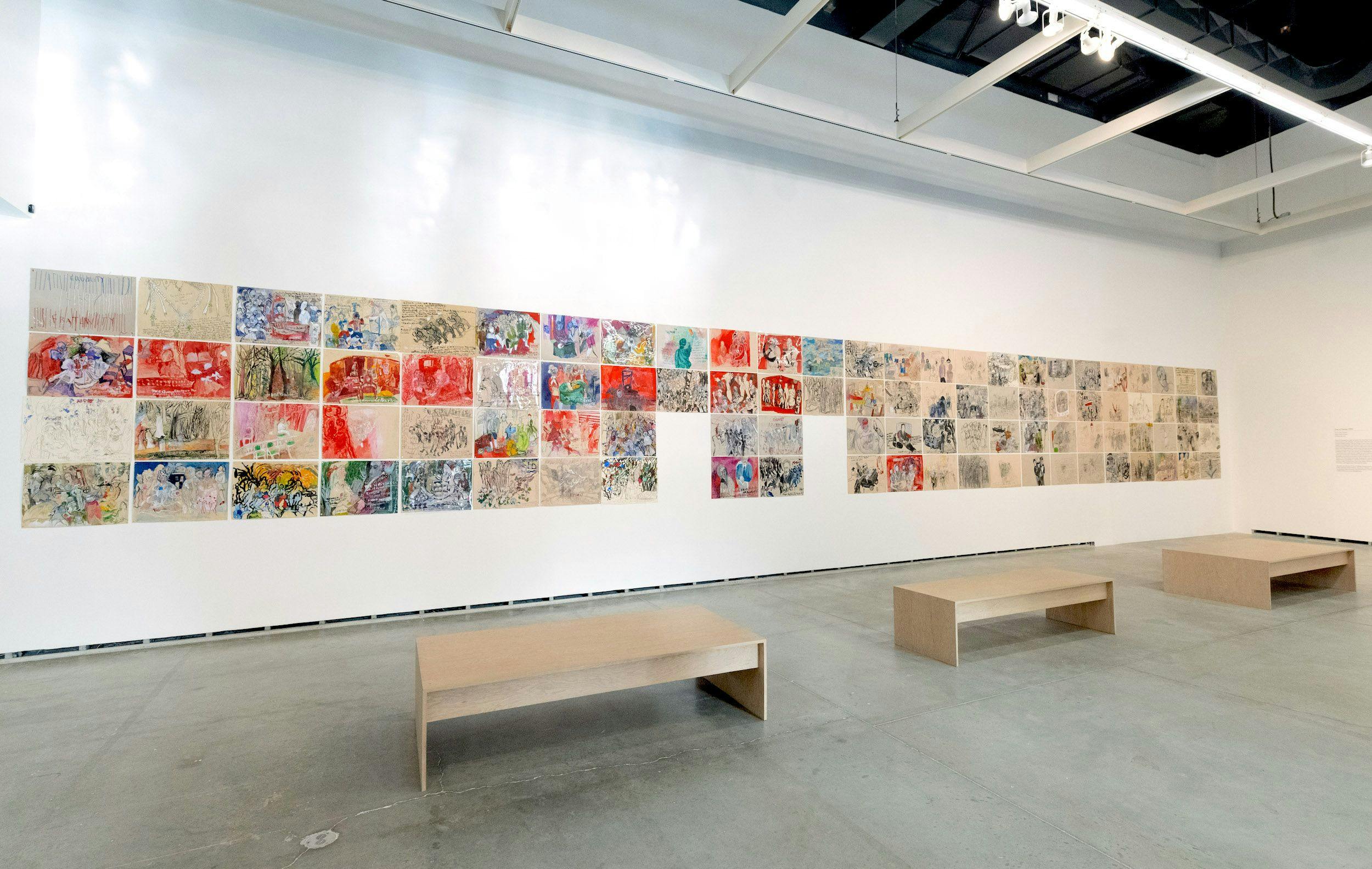 Anna Boghiguian, Time of Change, 2022. Series of 96 drawings. Mixed media on paper. Courtesy 	 the artist. Installation view: Time of Change, The Power Plant Contemporary Art Gallery, Toronto, 2023. Photo: Henry Chan.