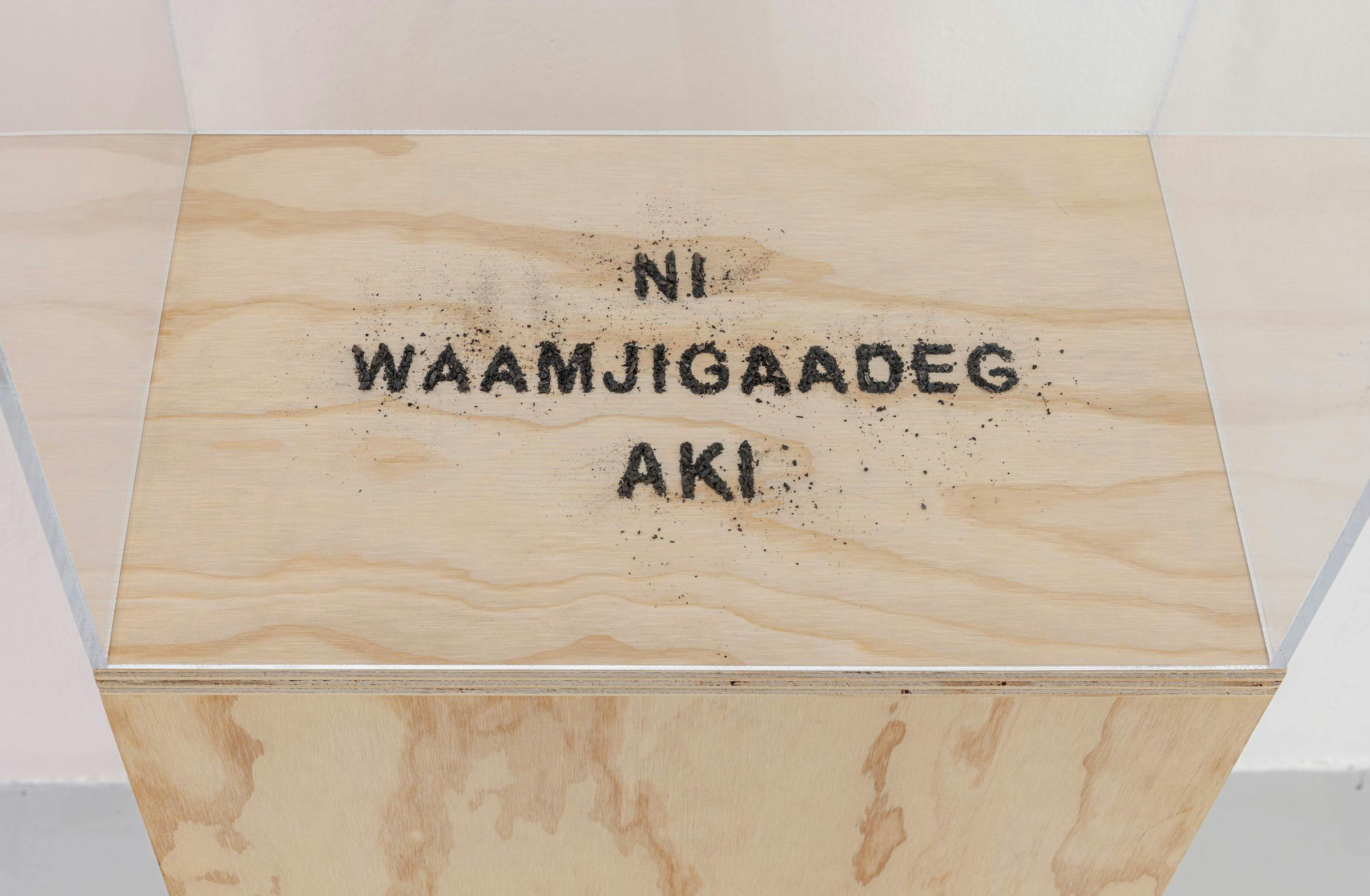 Aylan Couchie, Aki, 2018. Sage, sweetgrass, cedar ashes, wood, acrylic. Courtesy the artist. Installation view: in parallel, The Power Plant, 2023. Photo: Toni Hafkenscheid.