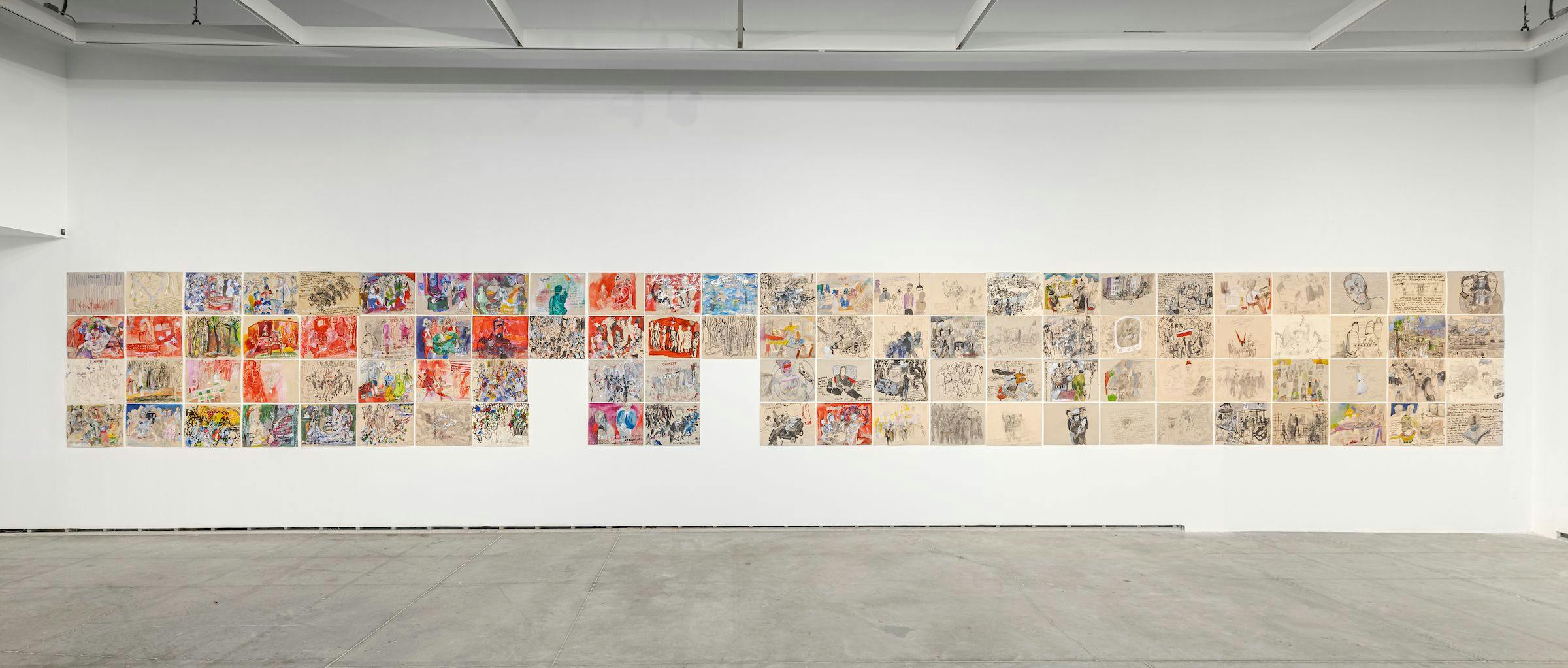 Anna Boghiguian, Time of Change, 2022. Series of 96 drawings. Mixed media on paper. Courtesy the artist. Installation view: Time of Change, The Power Plant Contemporary Art Gallery, Toronto, 2023. Photo: Toni Hafkenscheid.