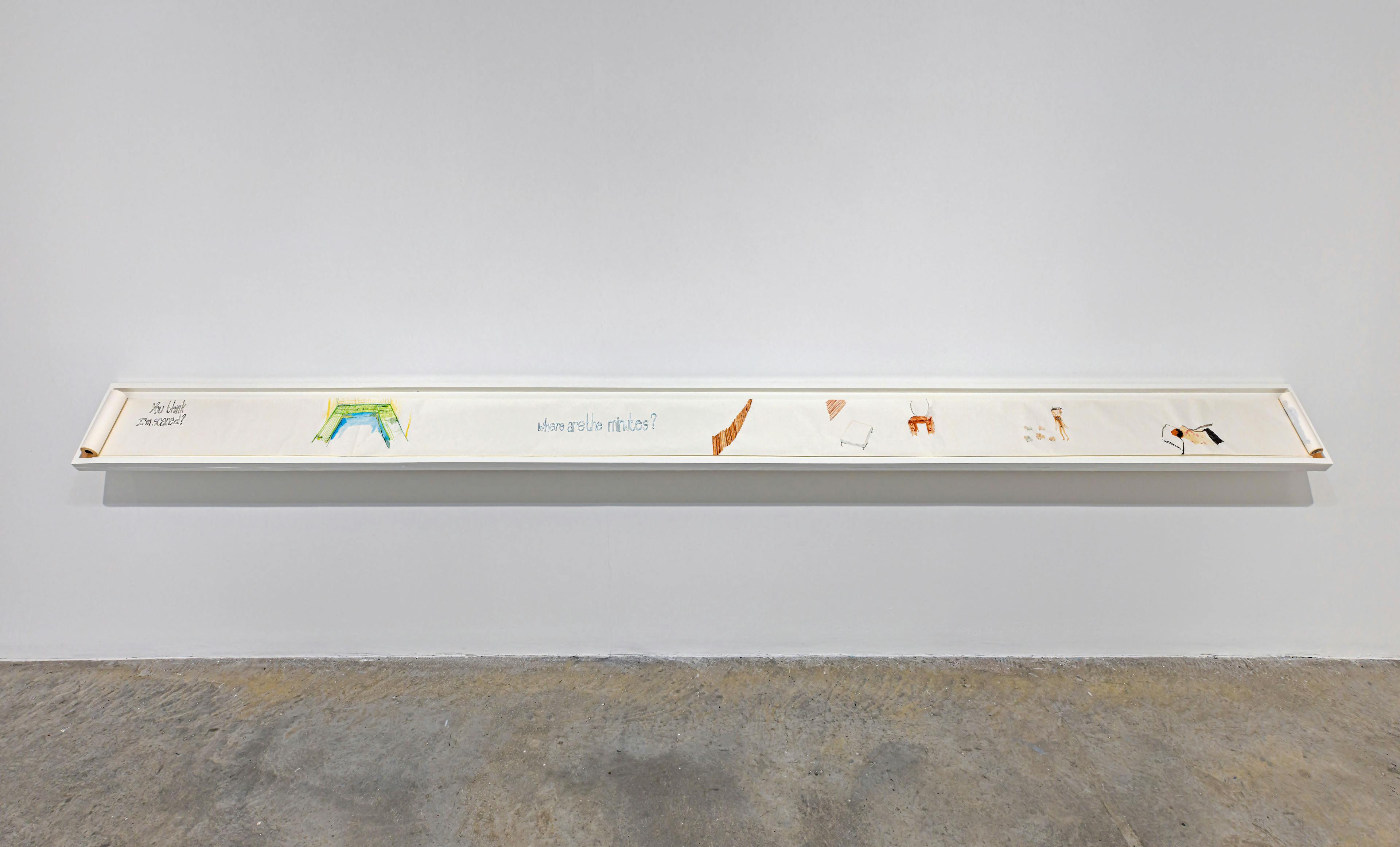 Brenda Draney, Scroll One, 2010–ongoing. Watercolour and gouache on paper. Courtesy the artist and Catriona Jeffries, Vancouver. Installation view: Drink from the river, The Power Plant, 2023. Photo: Toni Hafkenscheid. 