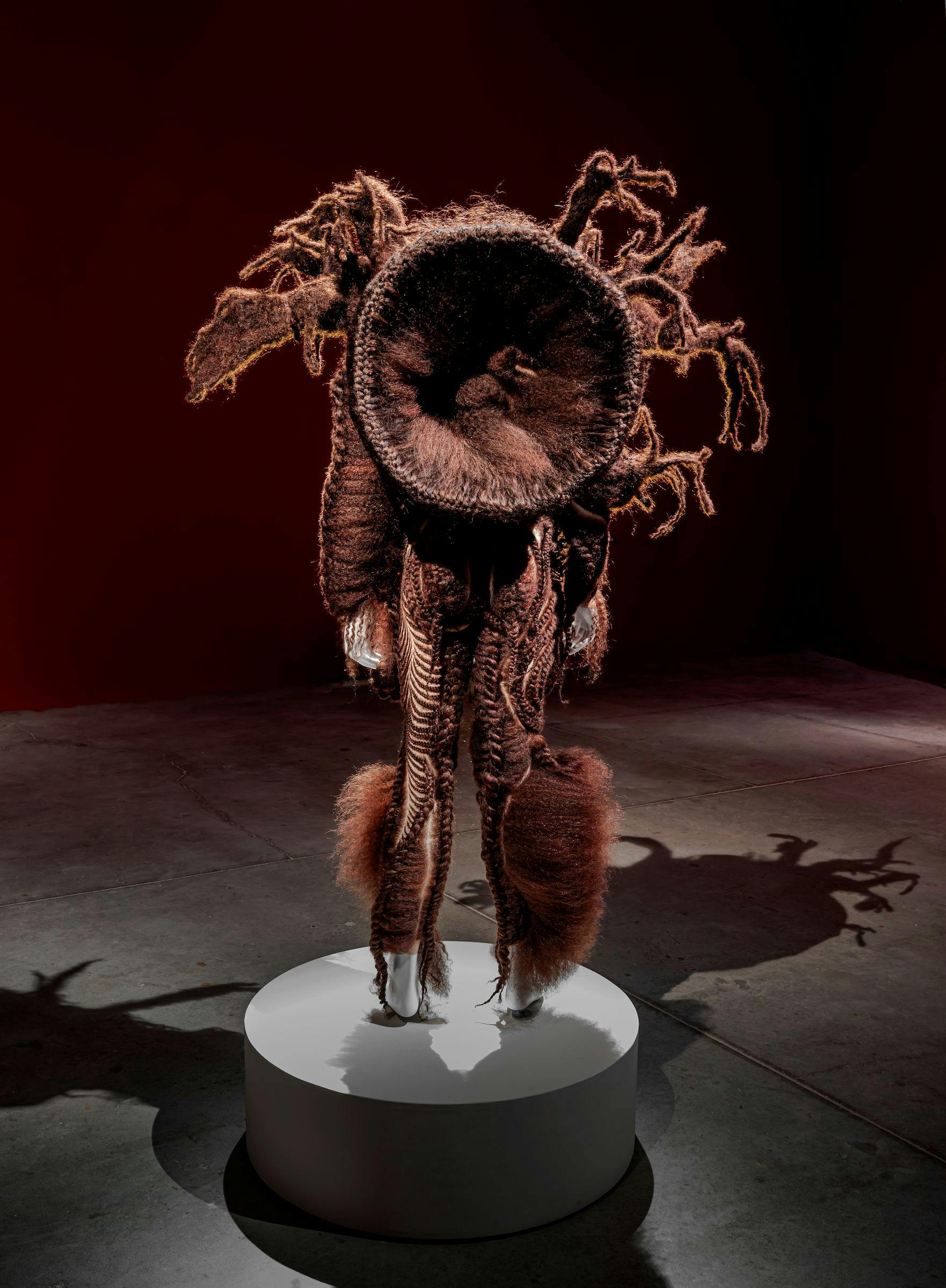 Amartey Golding, Hair Garment (Bring Me to Heal series), 2022. Hand-knotted human hair on a mannequin. Courtesy the artist. Installation view: In the comfort of embers, The Power Plant, 2023.  Photo: Toni Hafkenscheid.
