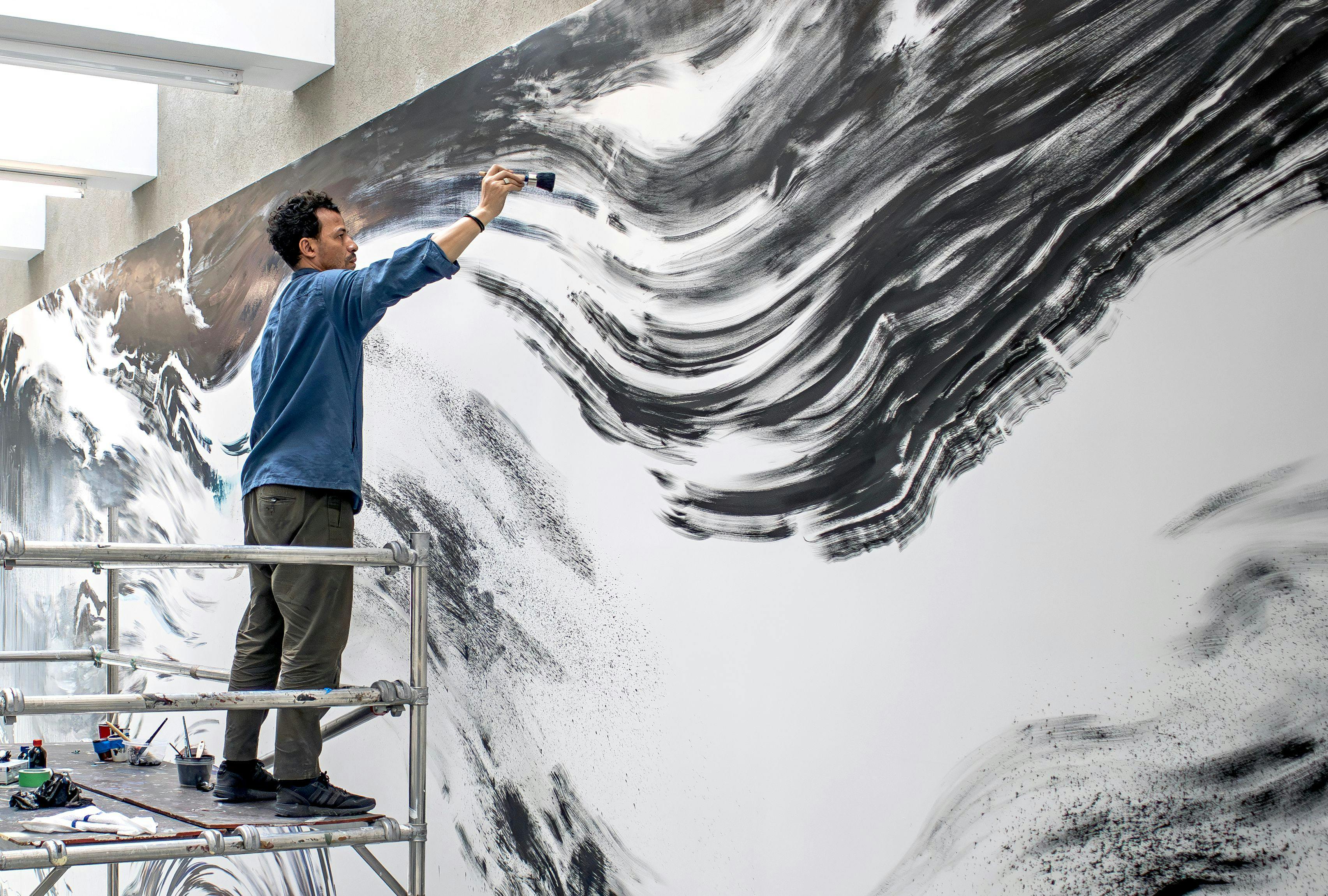 Abdelkader Benchamma working on his commission piece, as above, so below, 2023. Installation view: The Power Plant Contemporary Art Gallery. Photo: Hyerim Han.